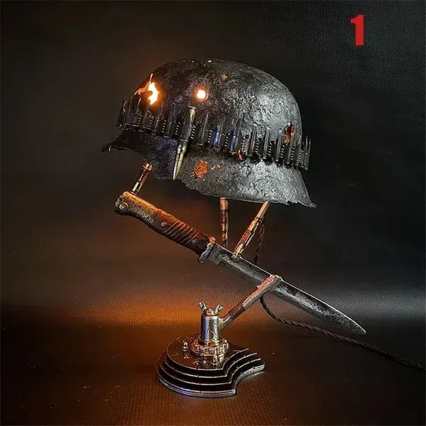 Stahlhelm helmet table lamp with vintage military design